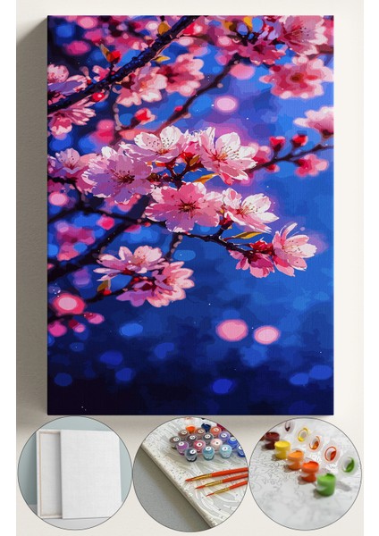 Sayılarla Boyama Çerçeveli Hobi Seti Numaralı Tuval Fırça Boya Dahil Kasnaklı 40X50 cm Sakura Dalları