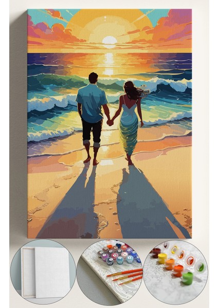 Sayılarla Boyama Çerçeveli Hobi Seti Numaralı Tuval Fırça Boya Dahil Kasnaklı 40X50 cm Sahilde Sevgililer