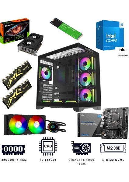 Black Falkor 32X I5 14400F 32GB Ddr4 1tb Nvme M.2 RTX4060 Ekran Kartlı Oyuncu Bilgisayarı