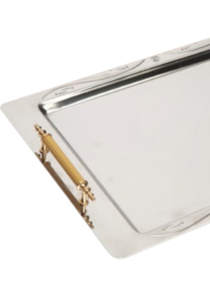 Lüks Çay Tepsisi 45X30 cm – Sarı Kulplu, Kabartma Desenli Metal, Şık ve Dayanıklı fiyatları