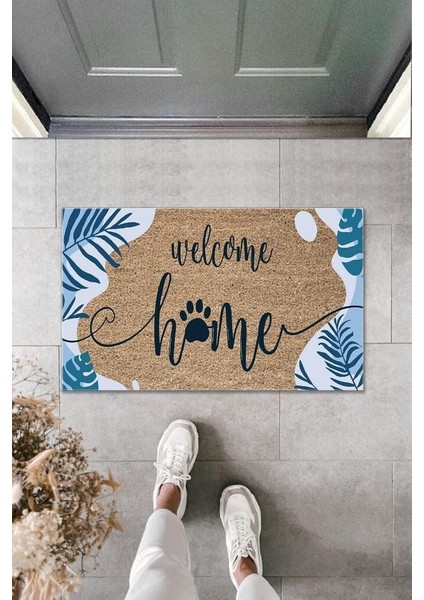 Dijital Baskı Kahverengi Mavi Yapraklı Welcome Home Dekoratif Kapı Paspası K-2007