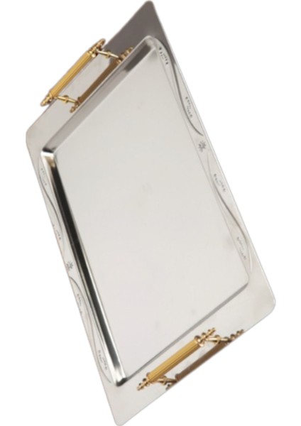 Lüks Çay Tepsisi 45X30 cm – Sarı Kulplu, Kabartma Desenli Metal, Şık ve Dayanıklı fırsatları