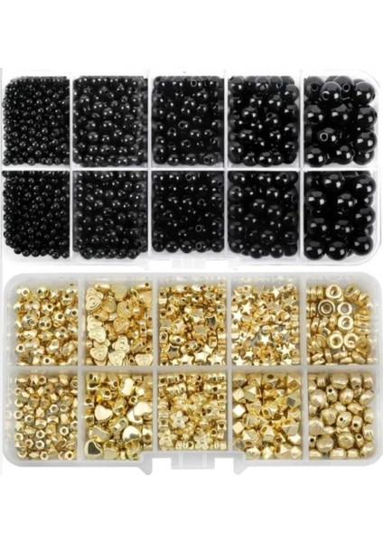 Siyah İnci Boncuk Ve Gold Ara Aparat Kutulu Takı Yapım Seti