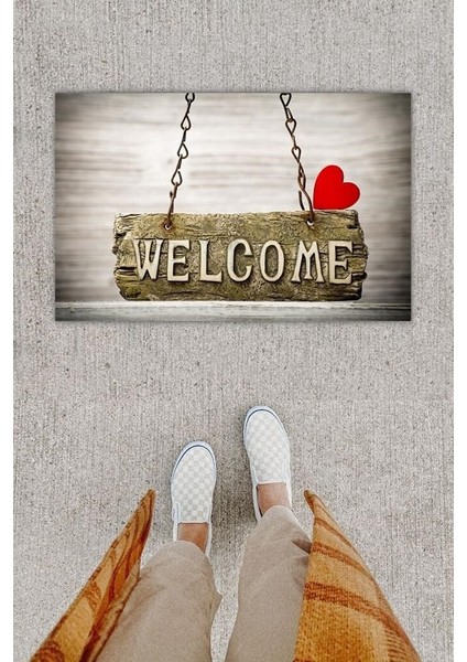 Dijital Baskı Dekoratif Welcome Gri Kapı Önü Paspası K-1248