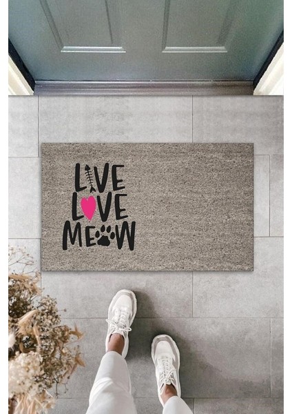 Dijital Baskı Gri Pembe Kalpli Kılçıklı Love Meow Dekoratif Kapı Paspası K-2047