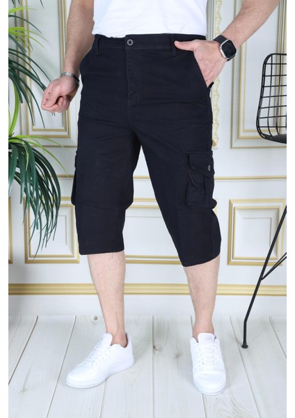 Lacivert Erkek Slim Fit Kapri Likralı Gabardin Diz Altı Kargo Cepli Bermuda Kapri