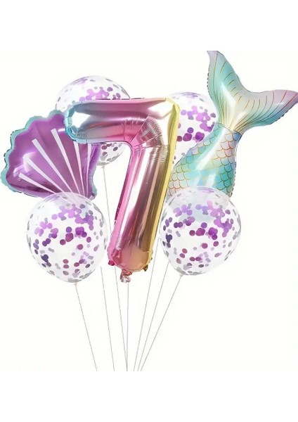 Deniz Kızı Kuyruğu Mor Konfetili 7 Yaş Folyo Balon Set