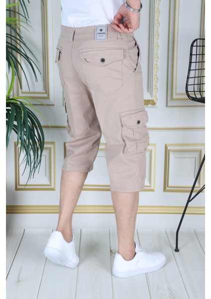 Krem Erkek Regular Fit Rahat Kesim Kapri Likralı Gabardin Diz Altı Kargo Cepli Bermuda Kapri modelleri