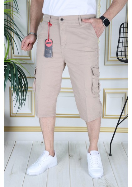 Krem Erkek Regular Fit Rahat Kesim Kapri Likralı Gabardin Diz Altı Kargo Cepli Bermuda Kapri fırsatları
