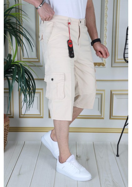 Bej Erkek Slim Fit Kapri Likralı Gabardin/Kanvas Kargo Cepli Bermuda