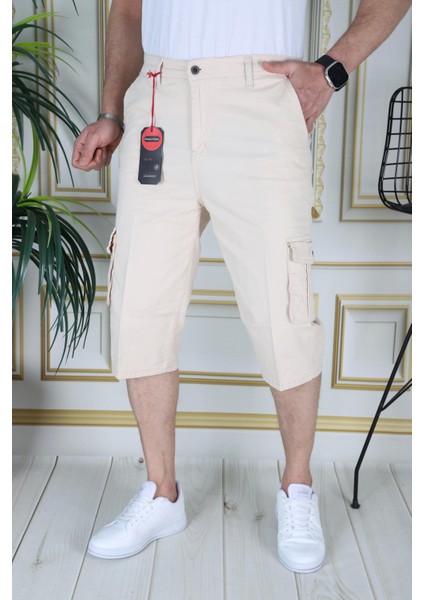 Bej Erkek Slim Fit Kapri Likralı Gabardin/Kanvas Kargo Cepli Bermuda