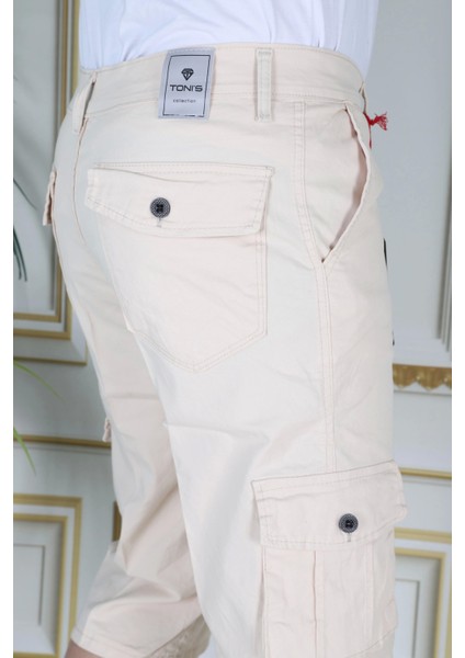 Bej Erkek Slim Fit Kapri Likralı Gabardin/Kanvas Kargo Cepli Bermuda