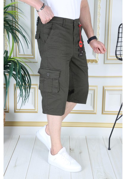 Haki Slim Fit Gabardin Kargo Cepli Kapri Şort Yandan Cepli Likralı Esnek Kumaş Erkek Kargo Şort Kapri Bermuda