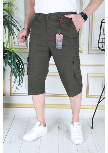 Haki Slim Fit Gabardin Kargo Cepli Kapri Şort Yandan Cepli Likralı Esnek Kumaş Erkek Kargo Şort Kapri Bermuda