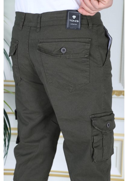 Haki Slim Fit Gabardin Kargo Cepli Kapri Şort Yandan Cepli Likralı Esnek Kumaş Erkek Kargo Şort Kapri Bermuda
