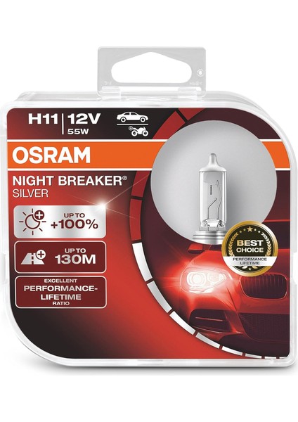 Metrashop Ampul Night Breaker Silver H11 12V 55W%100'YE Kadar Fazla Işık 130M'YE Kadar Fazla Görüş Açısı, Ikili Kutu (2 Lamba) 64211NBS-HCB