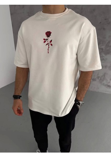 Bisiklet Yaka Baskılı Oversize T-Shirt - Beyaz