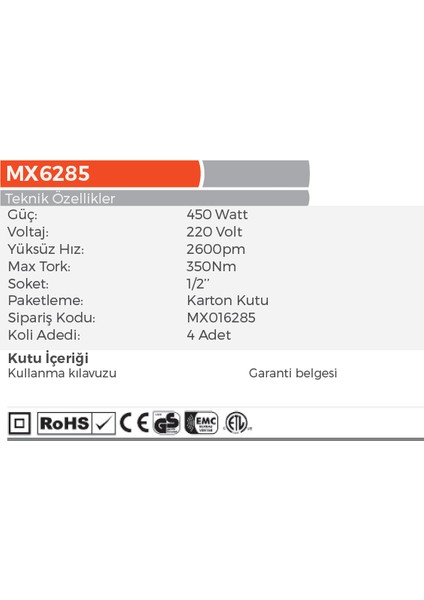 Max Extra MX6285 - 1/2 Elektrikli Somun Sökme Makinası 450 Watt fiyatları