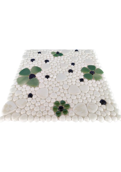 Mutfak Tezgah Arası, Havuz, Banyo, Sauna, Spa, Iç ve Dış Dekorasyonda Tüm Yüzeyler Için, Beyaz, Yeşil, Siyah Çiçek Desenli, 31,5X31,5CM. Fileli Cam Mozaik. (10 File Karo = 1 M2 Fiyatıdır )