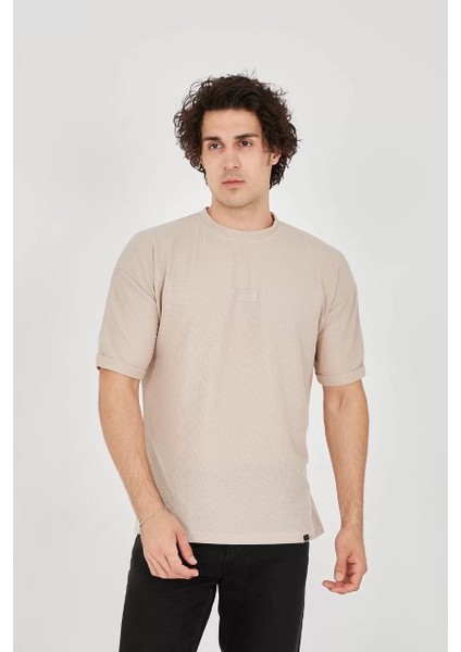 Waffle Kumaş Rahat Kol T-Shirt - Bej