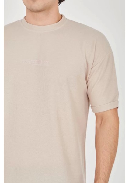 Waffle Kumaş Rahat Kol T-Shirt - Bej