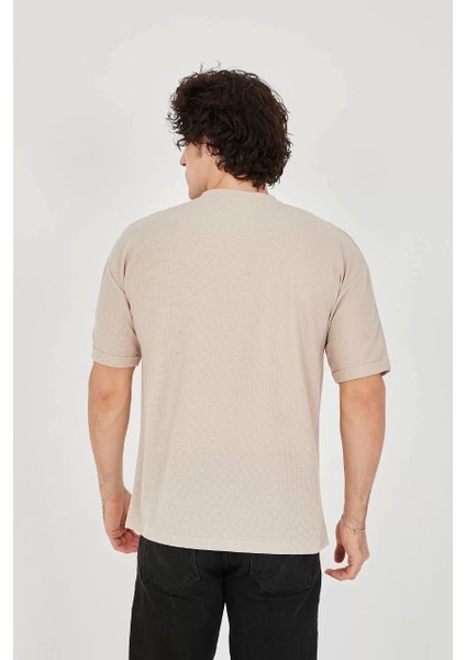 Waffle Kumaş Rahat Kol T-Shirt - Bej