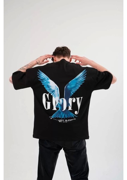Bisiklet Yaka Baskılı Oversize T-Shirt - Siyah