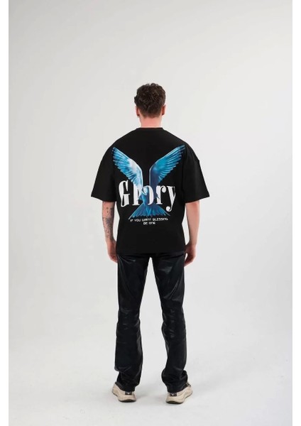 Bisiklet Yaka Baskılı Oversize T-Shirt - Siyah