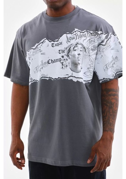 Bisiklet Yaka Baskılı Oversize T-Shirt - Gri