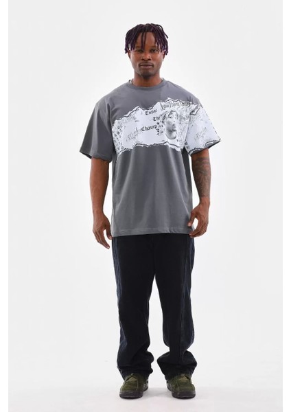 Bisiklet Yaka Baskılı Oversize T-Shirt - Gri