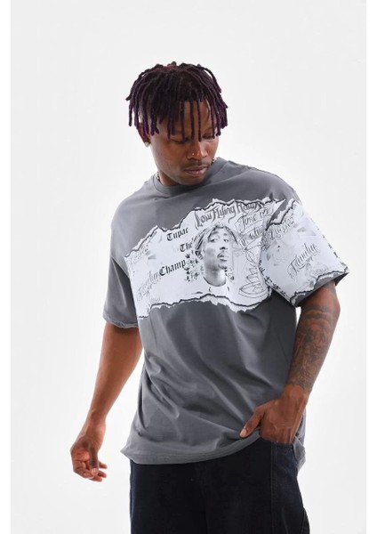 Bisiklet Yaka Baskılı Oversize T-Shirt - Gri