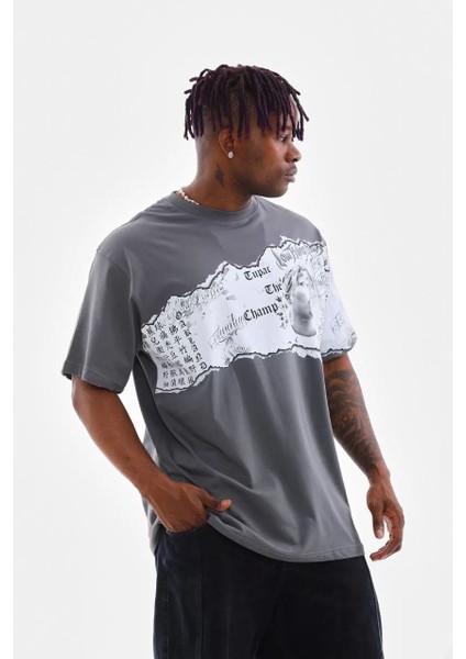 Bisiklet Yaka Baskılı Oversize T-Shirt - Gri