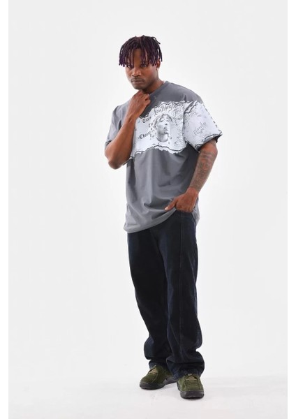 Bisiklet Yaka Baskılı Oversize T-Shirt - Gri