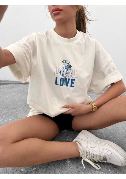 Bisiklet Yaka Baskılı Oversize T-Shirt - Beyaz