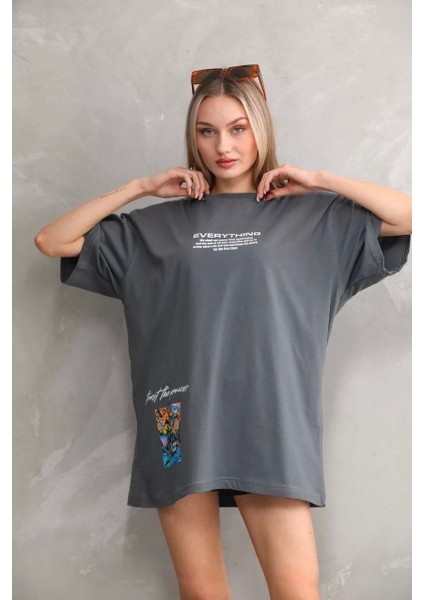 Bisiklet Yaka Baskılı Oversize T-Shirt - Gri
