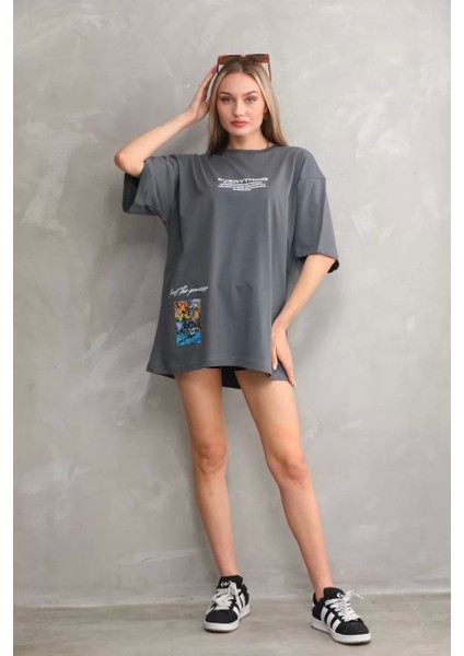 Bisiklet Yaka Baskılı Oversize T-Shirt - Gri