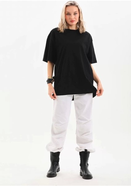 Bisiklet Yaka 20/1 Düz Oversize T-Shirt - Siyah