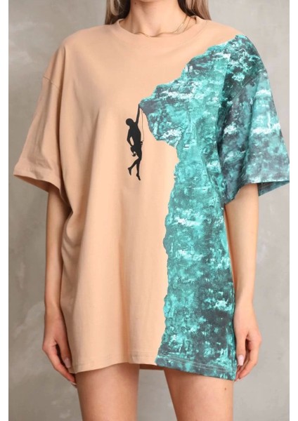 Bisiklet Yaka Baskılı Oversize T-Shirt - Bej