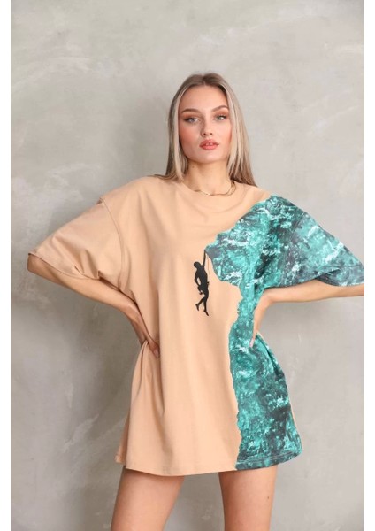 Bisiklet Yaka Baskılı Oversize T-Shirt - Bej