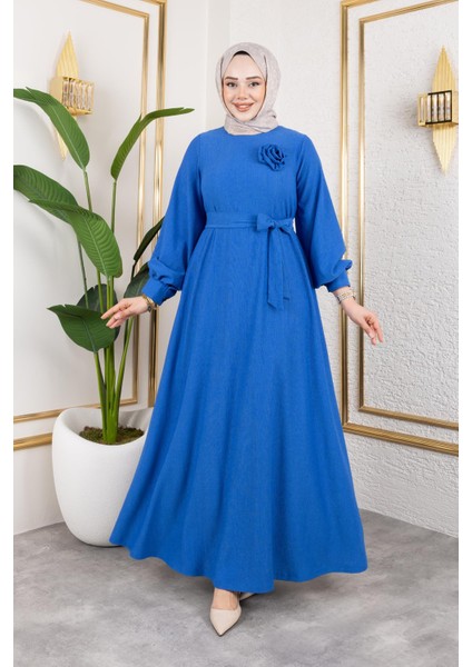 Gül Detaylı Tesettür ELBISE-5028 Saks Mavisi