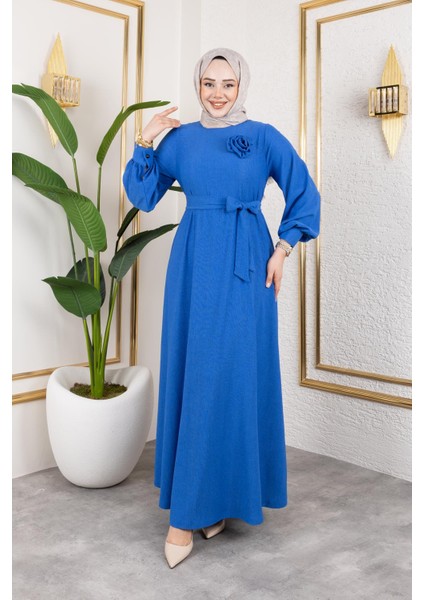 Gül Detaylı Tesettür ELBISE-5028 Saks Mavisi fırsatları
