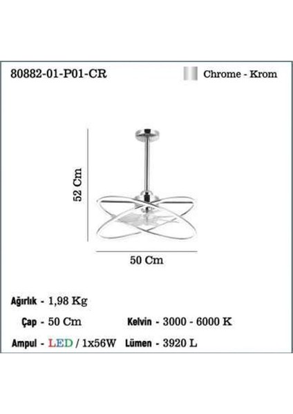 Mıanes 01 Ledlı Fan Krom Avıze 3000-6000K 56W