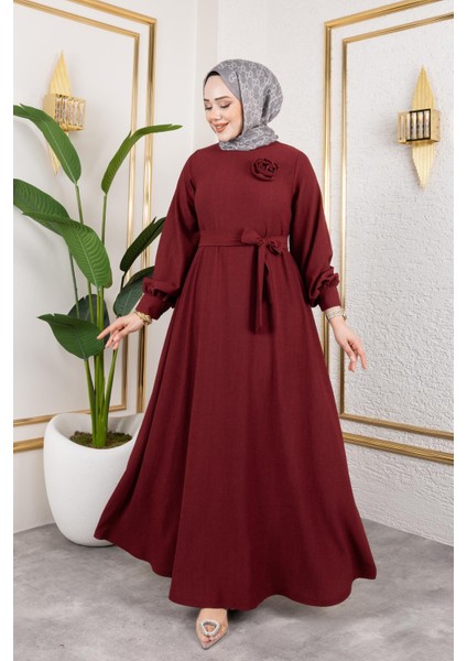 Gül Detaylı Tesettür ELBISE-5028 Bordo