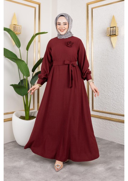Gül Detaylı Tesettür ELBISE-5028 Bordo fırsatları