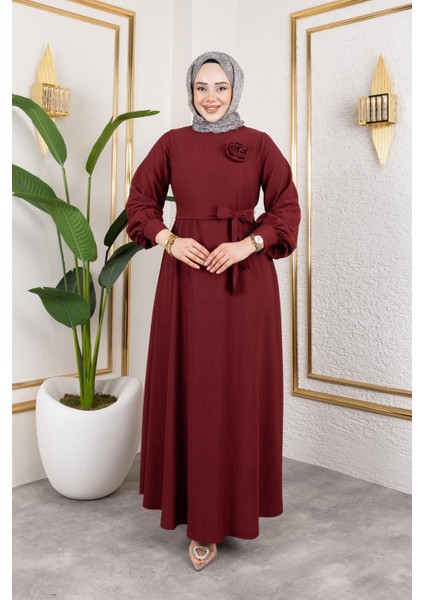 Gül Detaylı Tesettür ELBISE-5028 Bordo indirimleri