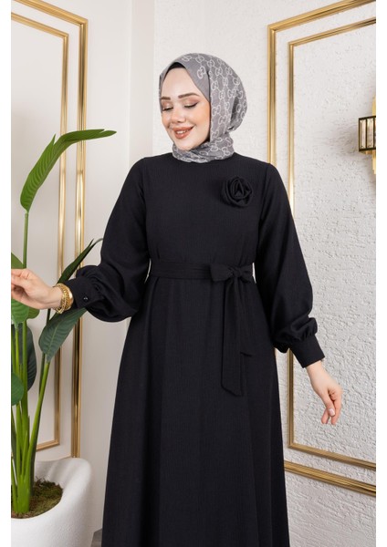 Gül Detaylı Tesettür ELBISE-5028 Siyah fiyatları
