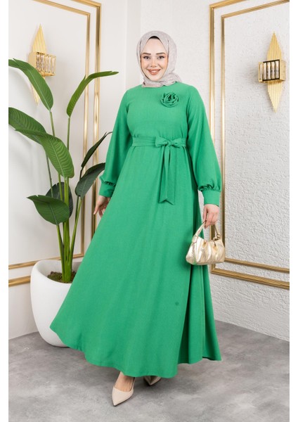 Gül Detaylı Tesettür ELBISE-5028 Benetton Yeşili