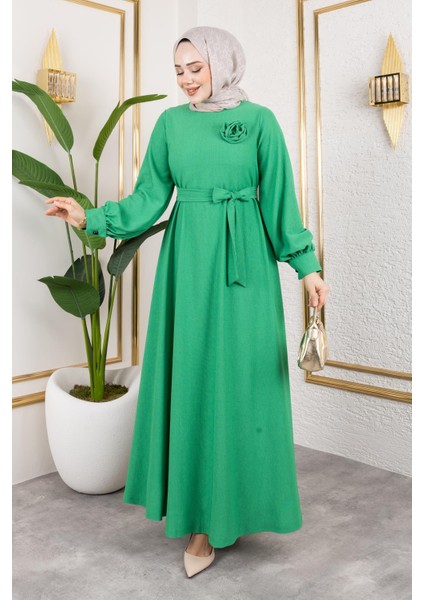 Gül Detaylı Tesettür ELBISE-5028 Benetton Yeşili fiyatları