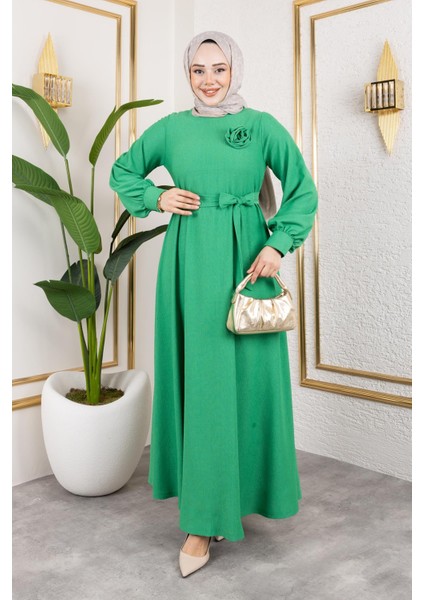 Gül Detaylı Tesettür ELBISE-5028 Benetton Yeşili modelleri