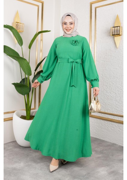 Gül Detaylı Tesettür ELBISE-5028 Benetton Yeşili fırsatları